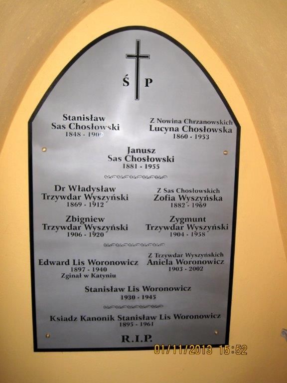 Tablica nagrobna kaplicy rodzinnej Chosłowskich, Wyszyńskich, Woronowiczów w Koźminie Wlkp. (fot. Archiwum rodziny Woronowiczów)